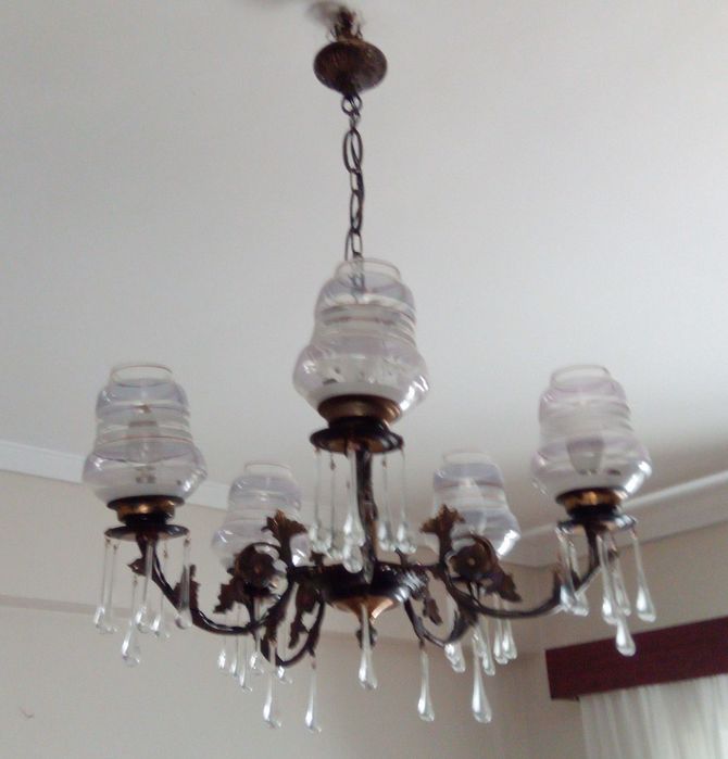 Candeeiro de teto em vidro e latão maciço, vintage dos anos 70