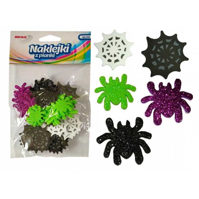 Naklejki piankowe Halloween pająki i pajęczyny brokatowe 44 szt