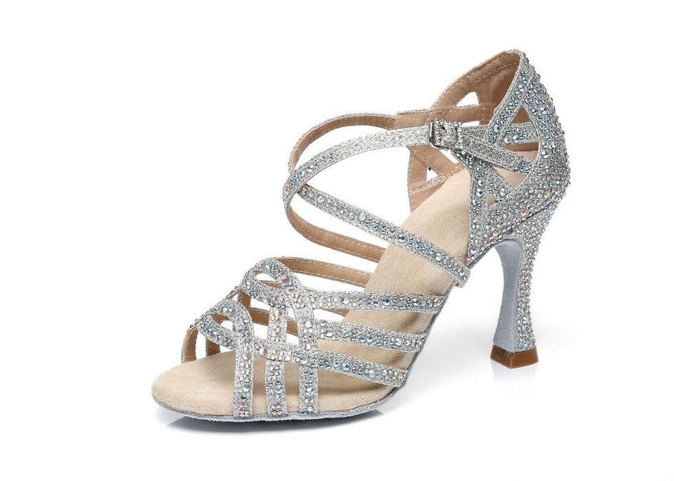 Buty do tańca latynoamerykańskie salsa disco dance srebne kryształki obcas odkryte palce 41