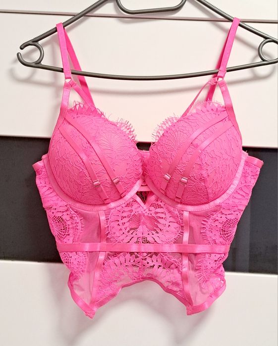Damski gorset biustonosz koronkowy Hunkemöller neonowy róż miskiz fiszbinami, paski koronka  75C