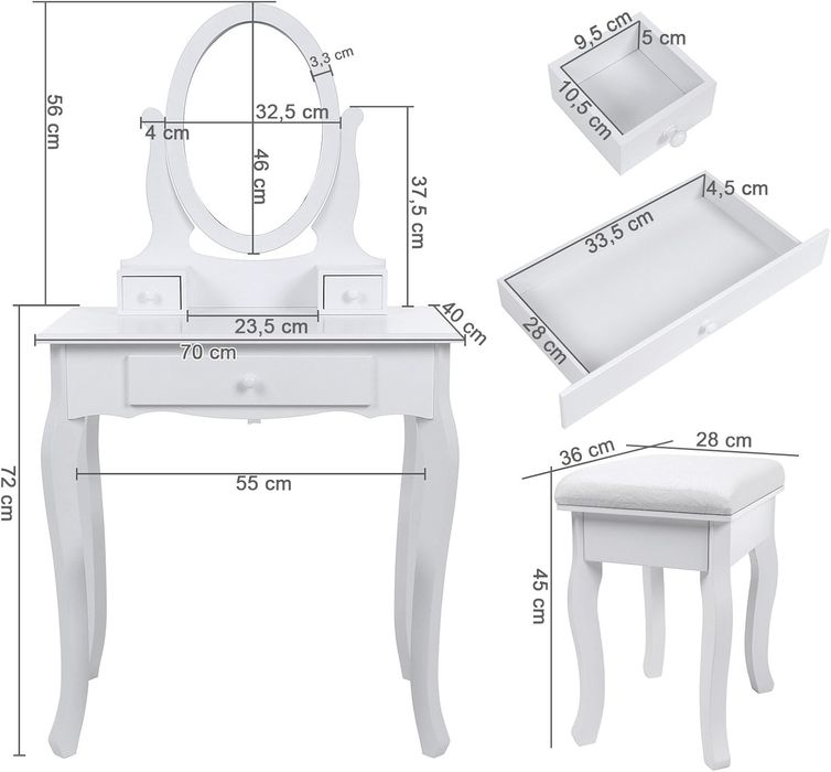 Toaletka kosmetyczna z lustrem i taboretem – biała, 3 szuflady