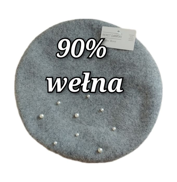 Beret damski szary 90% wełna