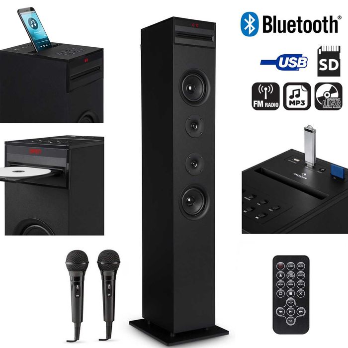 Zestaw Karaoke Wieża HiFi 65W CD BT Radio FM MP3 USB SD mikrofony Nowa