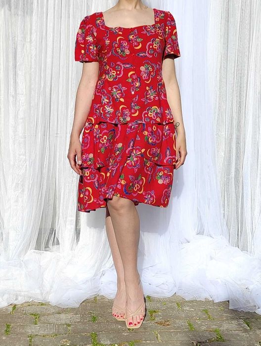 Kolorowa sukienka czerwona vintage retro XL 42 L 40 wiskoza lata 80