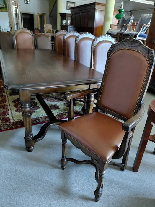 Elegancki dębowy komplet stół + 6 krzeseł skórzana tapicerka