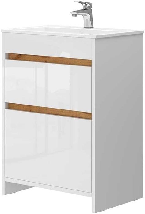 Szafka pod umywalkę 60cm Biała Wysoki połysk Złoty Dąb 2 szuflady