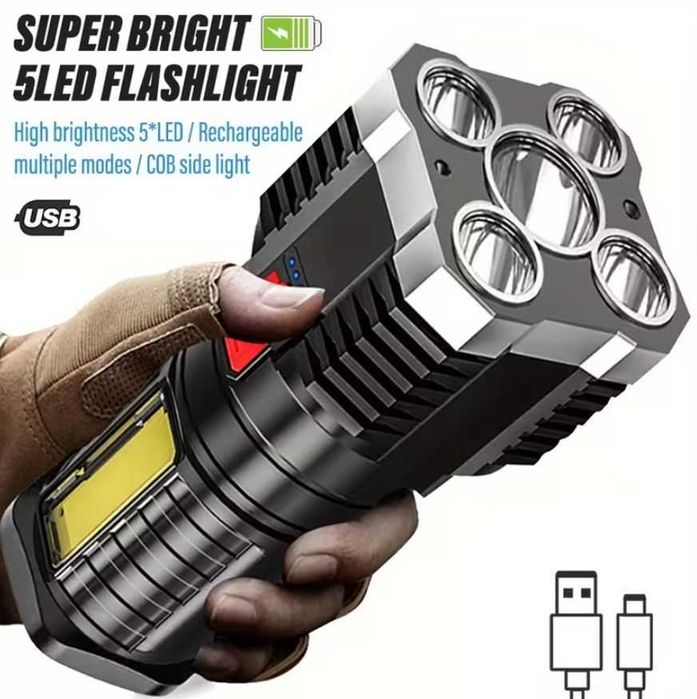 LATARKA TAKTYCZNA 5 LED akumulator USB MOCNA super jasna 4 TRYBY h289
