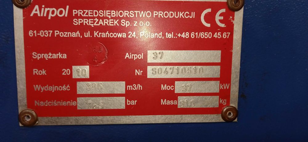 Kompresor sprężarka śrubowa AIRPOL 37 kW - 7,5 Bar - 385 m3/h