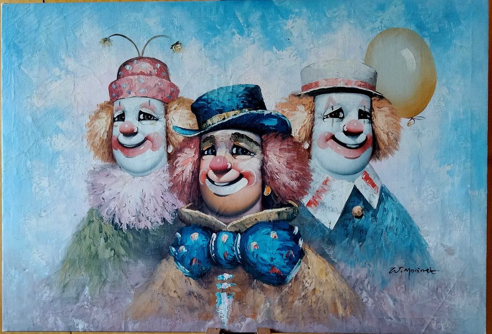 Pintura a óleo sobre tela vintage de William Moninet - Palhaços