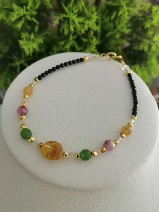 Bransoletka kamienie bursztyn cytryn Bliźnięta turmalin srebro 925 aga