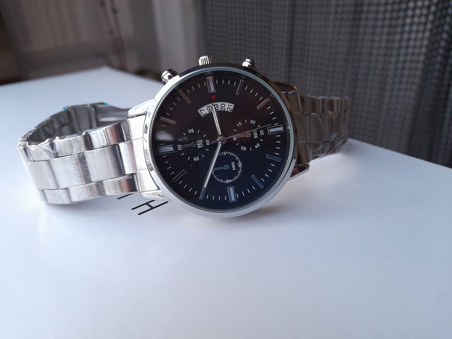 Novo! Relógio aço inoxidável desportivo cronógrafo preto metal