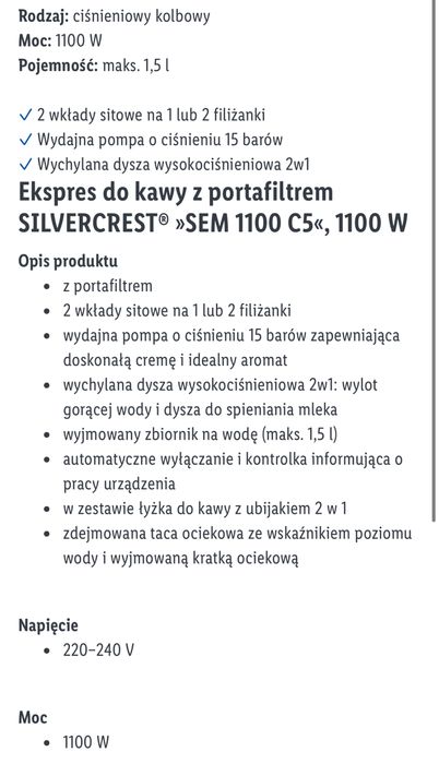 Nowy Ekspres do kawy cisnieniowy SEM 1100 C5, 1100 W    Lidl
