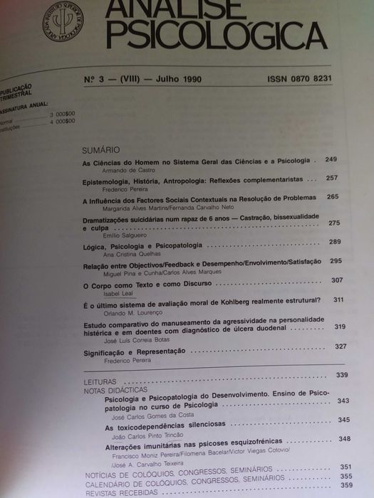 Análise Psicológica nº3 Série VIII - Temas vários ver índice