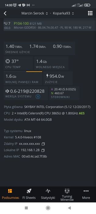 Koparka kryptowalut 8x Nivida p104 8gb/ 12x p106/100