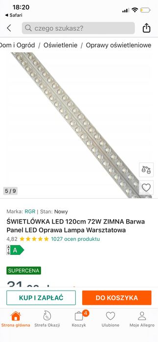 ŚWIETLÓWKA LED 120cm 72W ZIMNA Barwa Panel LED Oprawa Lampa Warsztatowa