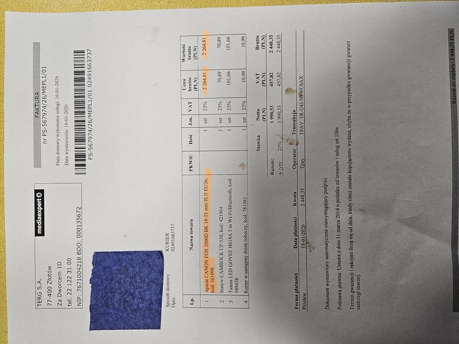 Okazja ! -1000zł ! Nowy !Aparat  Canon EOS 2000D  Kit. 2 lata Gw.