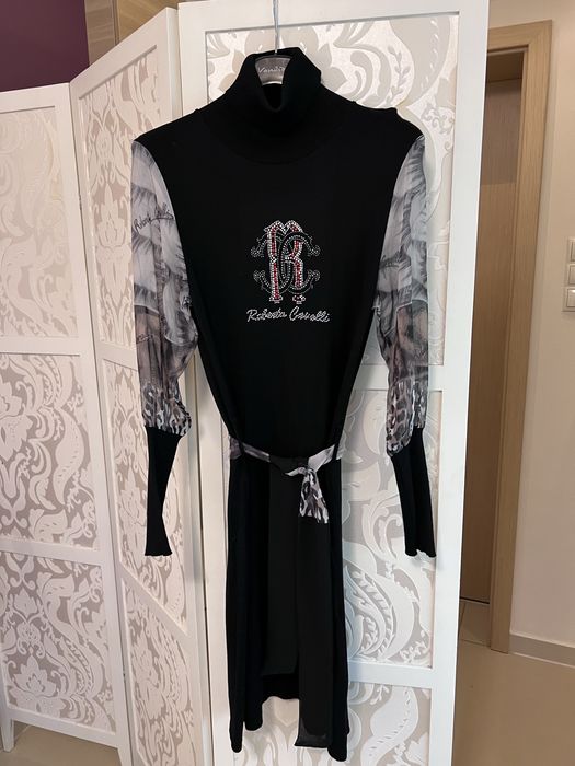 Roberto Cavalli sukienka dzianinowa z golfem szyfonowe rekawy r.S/M z paskiem