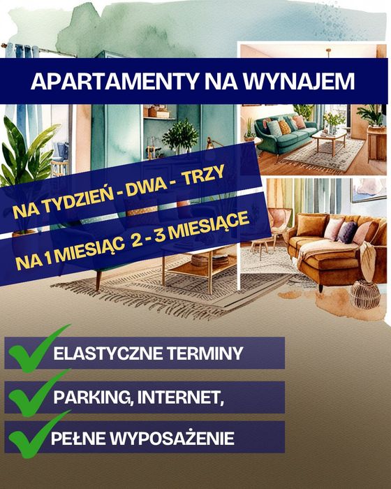 WYNAJEM Średnioterminowy 1, 2, 3 m-ce Parking, Internet, Bez prowizji