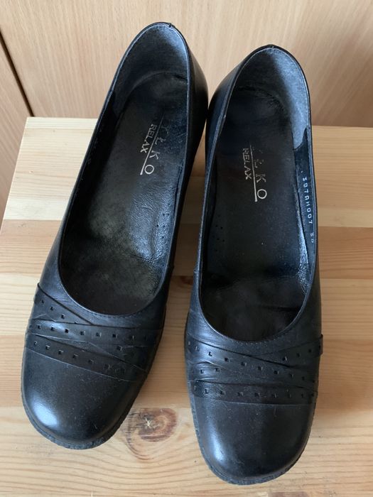 Czółenka, koturn, Ryłko Relax, czarne, skórzane, rozmiar 36