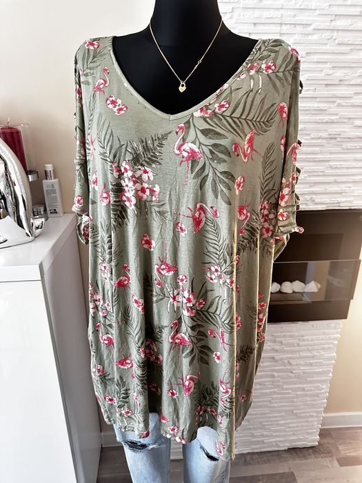 Nowa piekna bluzka kobieca flamingi kwiaty plus size 52 54 Wiskoza