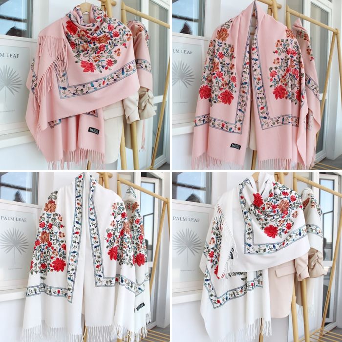 Теплий кашеміровий шарф з шовковою вишивкою, 15 кольорів