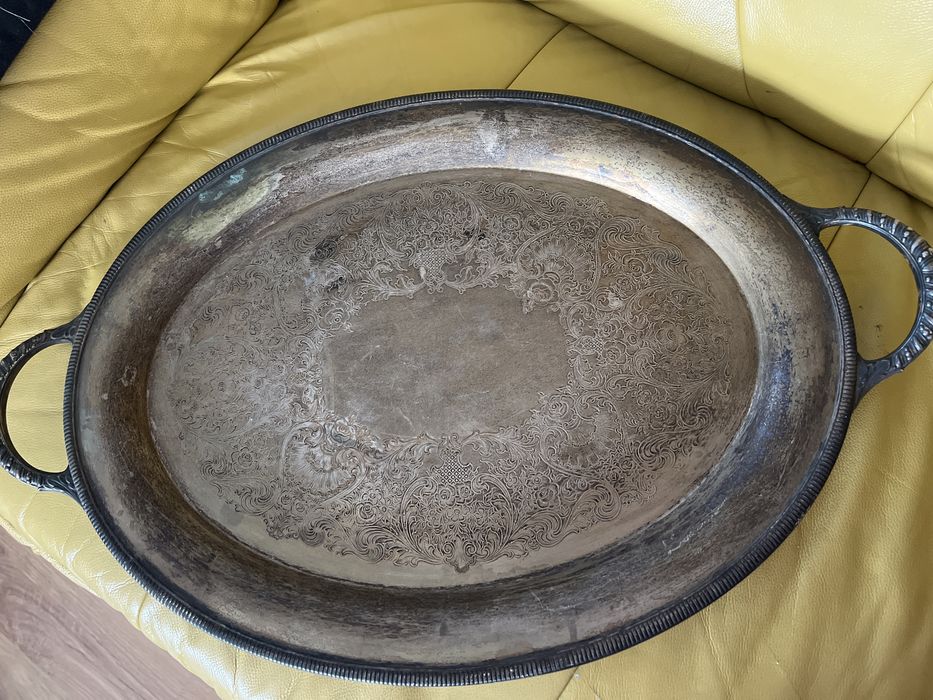 Stara posrebrzana grawerowana taca solidna 61/39 cm
