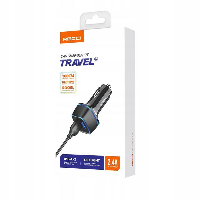 Szybka Ładowarka Samochodowa Usb Led 2.4A + Kabel Lightning Do Iphone