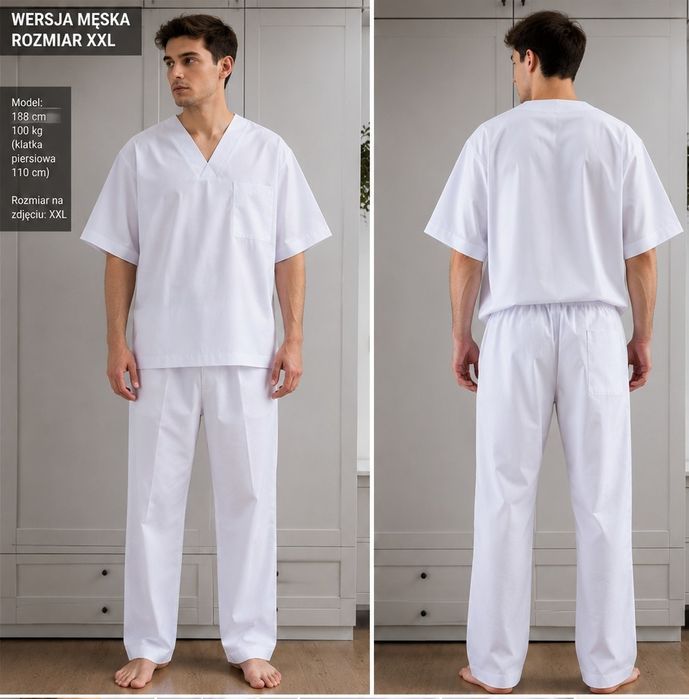 Komplet spodnie +spodenki +bluza +buty:strój piekarz,cukiernik,lekarz xxl