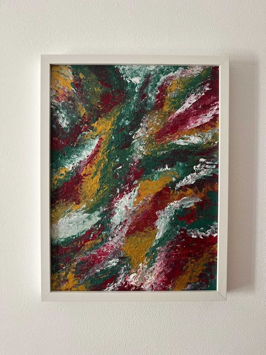 Pintura abstrata em acrílico em tons de verde, vermelho e dourado