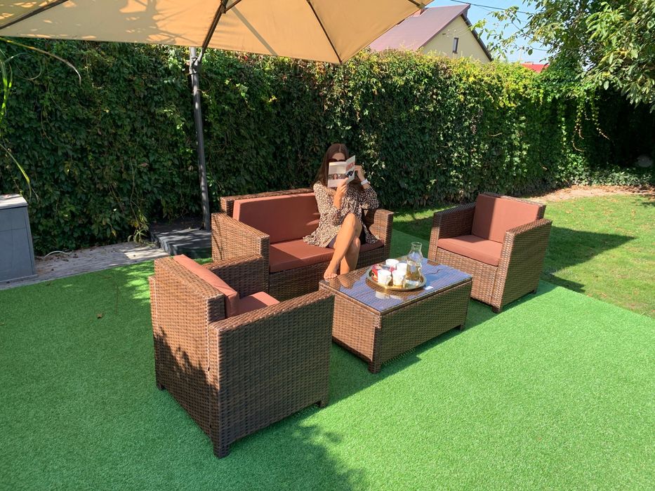 (WR) Nicea zestaw technorattan brąz sofa 2xfotel ława