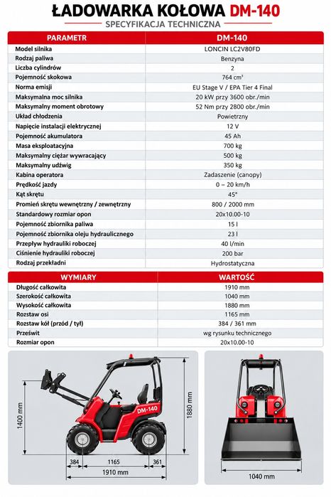 DM-140 Ładowarka kołowa 20 kW 350 kg LCD hydraulika 40 l/min