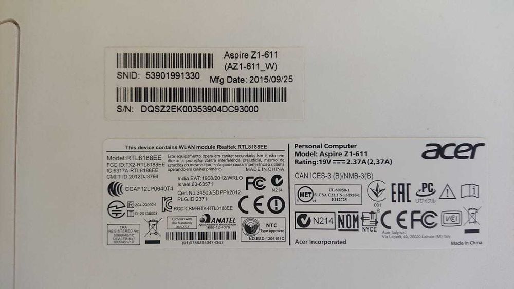 Моноблок ACER Aspire Z1-611: 19,5"/ОЗУ 8Гб/256Гб SSD/ Wi-Fi
