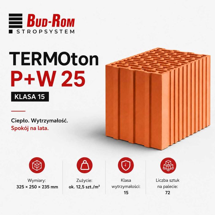 TERMOton P+W 25 cm kl. 15 – pustak ceramiczny – Porotherm – dostawa cała Polska – kratówka – na zaprawę