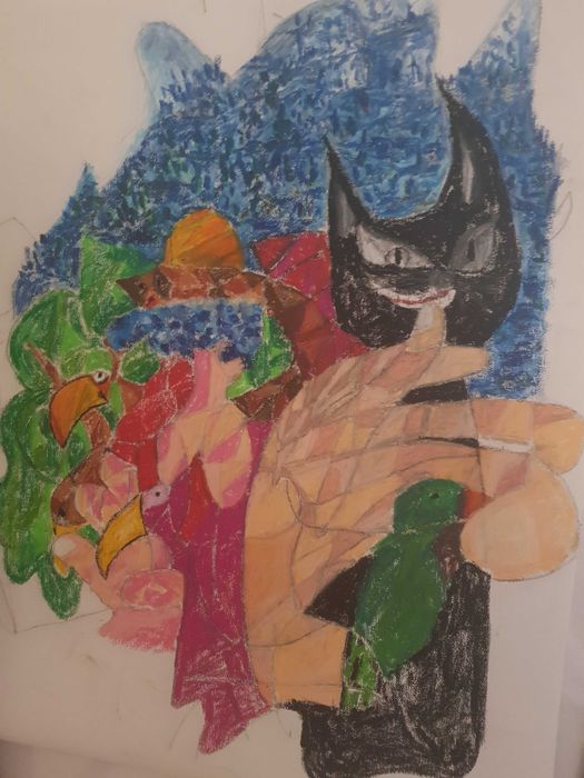 Gato preto - pintura de pastel óleo sobre tela