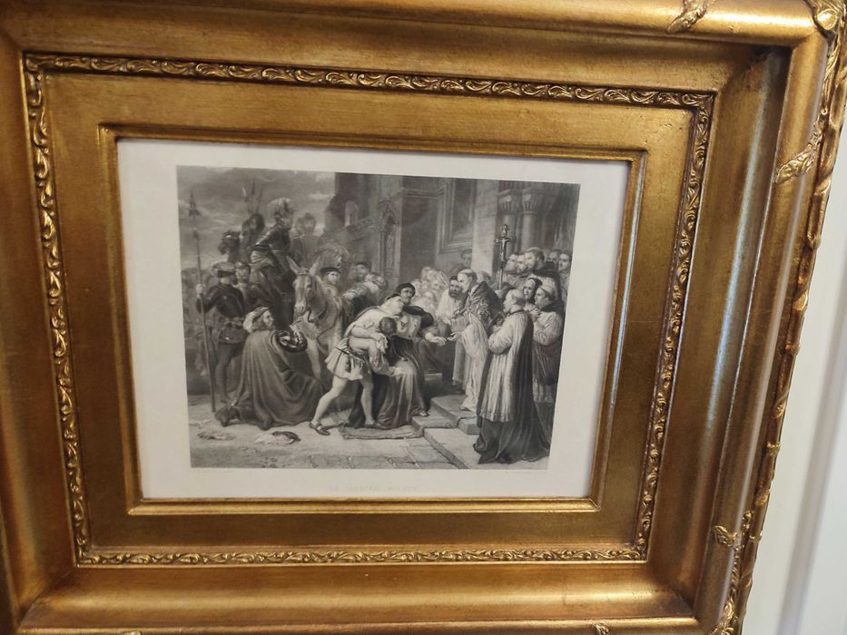 Quadro moldura em folha de ouro e gravura antiga