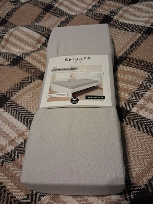 Okazja! Prześcieradło 160x200 bawełna Smukee jasnoszare z gumką nowe