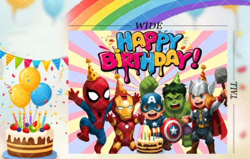 Баннер з супергероями марвел до дня народження, happy birthday баннер marvel, месники супергерої та інші атрибути до дня народження у стилі супергерої