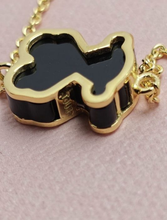 Bransoletka z misiem żółte srebro vermeil 925 czarne szkło akrylowe