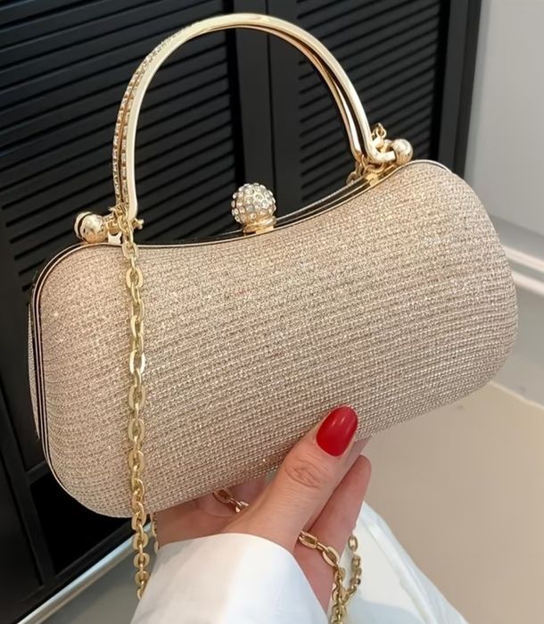Złota Kopertówka Elegancka torebka wieczorowa z kryształkami Błyszcząca GLAMOUR