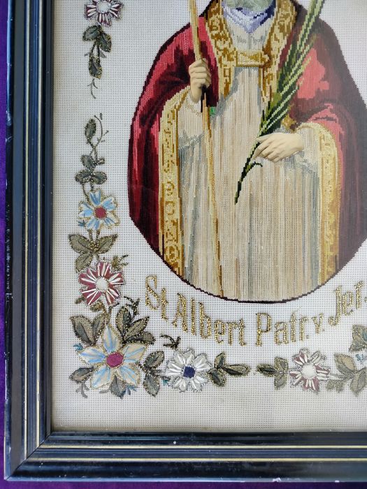 Święty Albert stary przedwojenny wyszywany obraz