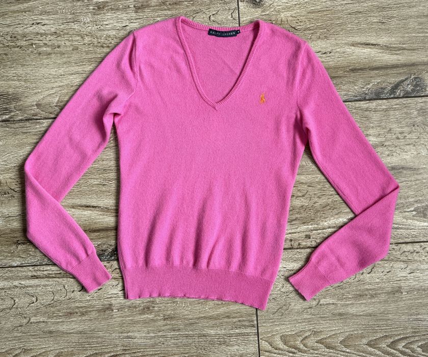 Piękny Damski sweter RALPH LAUREN V Neck 100% Kaszmir roz M