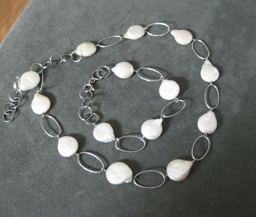 Conjunto Colar e Pulseira de Prata c/ Contraste e Perolas Agua Doce