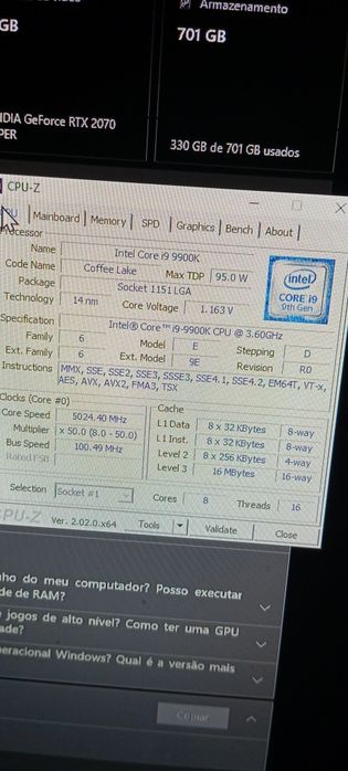 PC gamer i9 9° geração RTX 2070 super