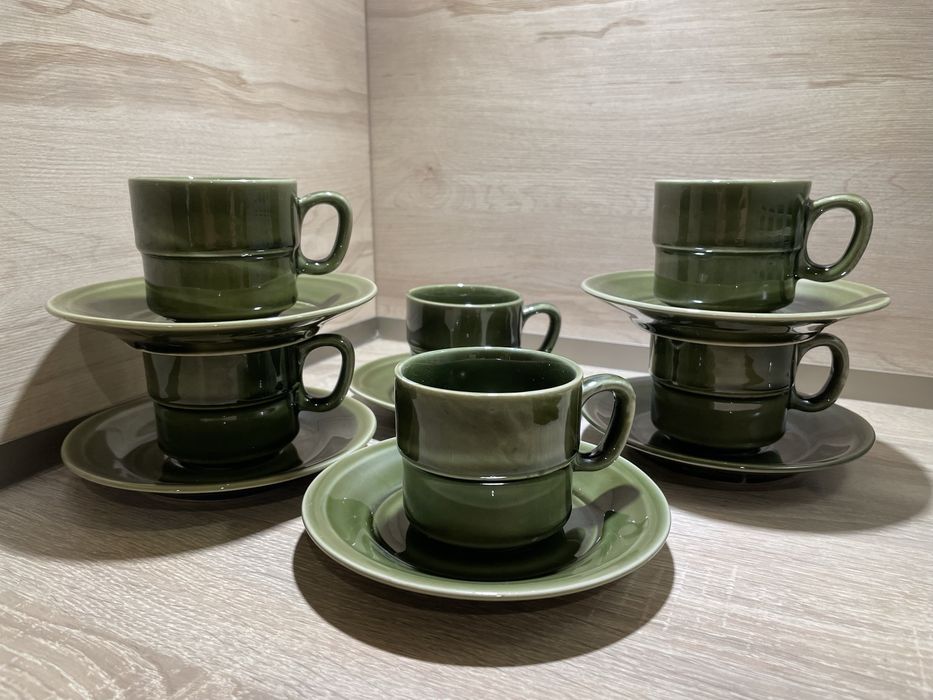 Tułowice „Ania” 6 filiżanek i 6 spodków piękny zielony porcelit PRL