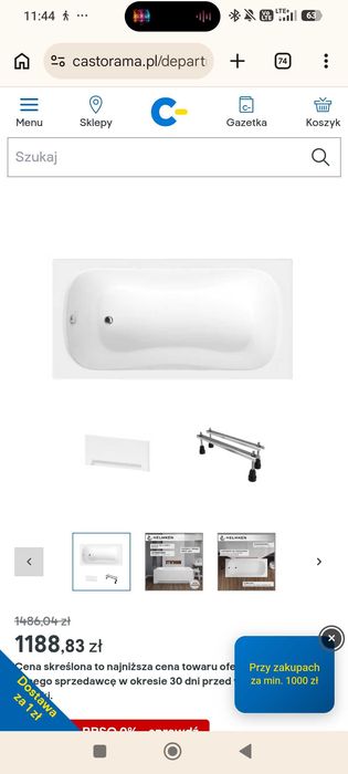 Wanna akrylowa Helmken Edelva 130 x 70 + Panel biały + Nóżki