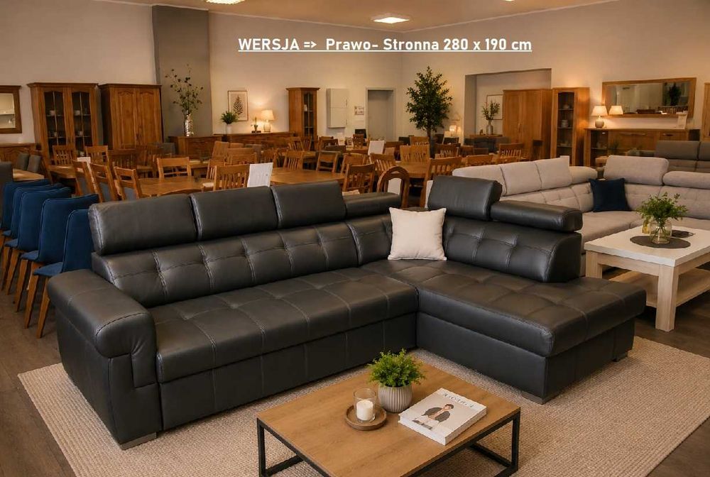 Nowy Narożnik ATLANTA / Skóra Naturalna CZARNA / 280 x 190 cm / ze spaniem / PRODUCENT Olesno opolskie