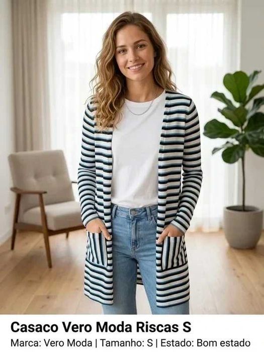 Cardigan Longo Vero Moda – Riscas Preto, Branco e Azul (Tam. S)