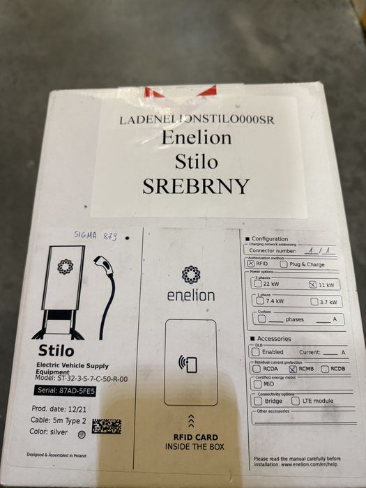 Stacja Ładowania/ Ładowarka samochodowa Naścienna Wallbox Enelion Stilo - Srebrna NOWA - Zapakowana!
