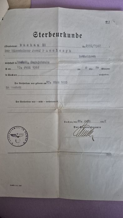 Koperta, pismo, akt zgonu, Dachu 1942 oryginał