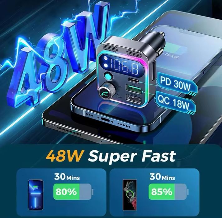 Hit - Transmiter samochodowy nadajnik FM Bluetooth 5,3 Szybka ładowarka USB Huawei Super Jakość!